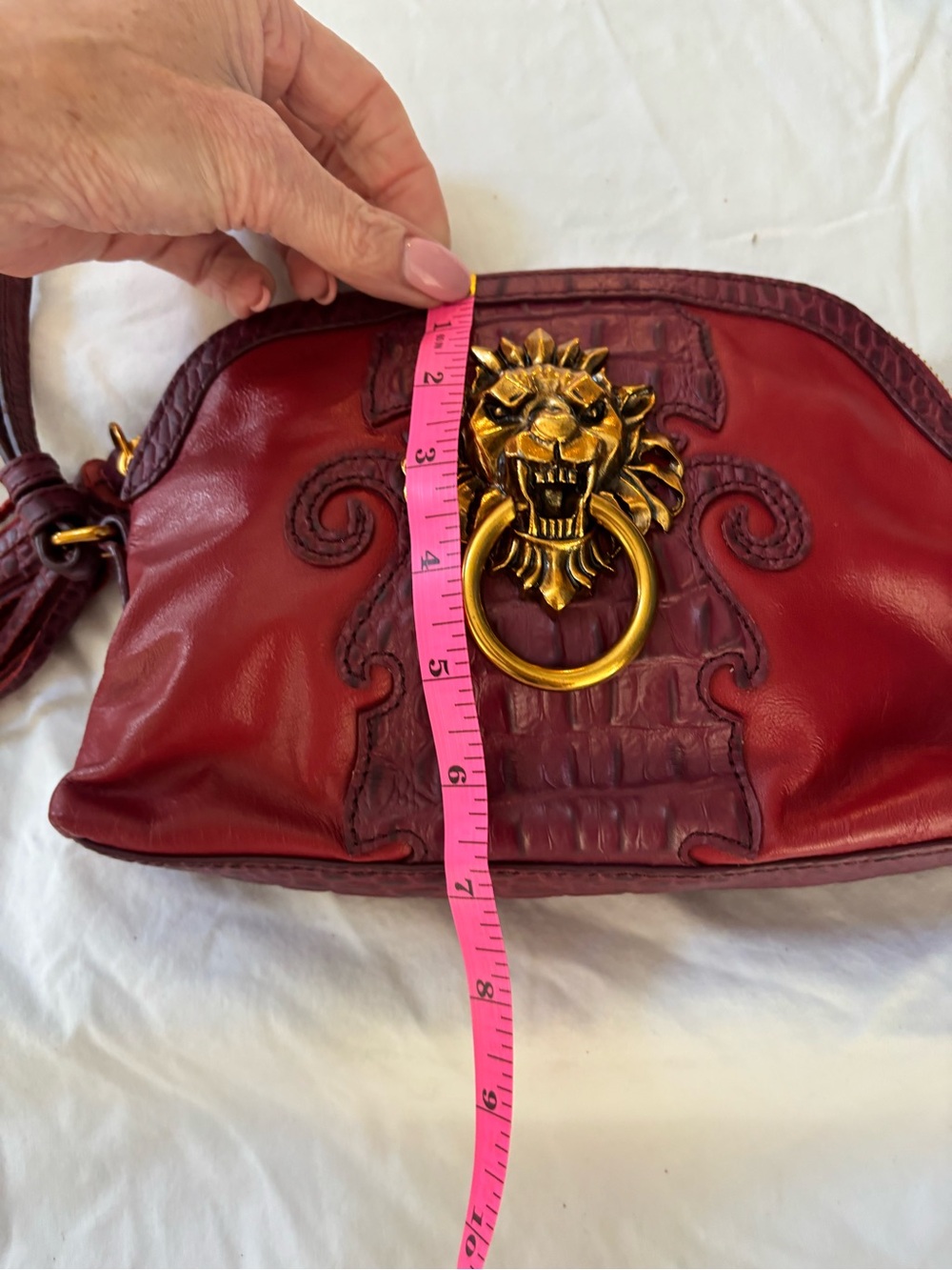 Sharif Burgundy Red Leather Crossbody Bag with Gold Lion Ring Vintage - Picture 7 of 8